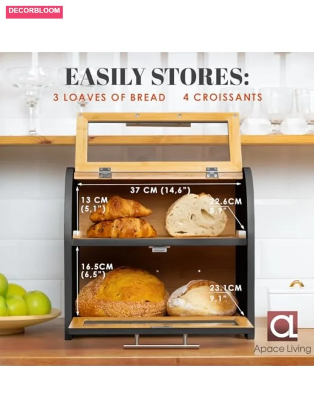 Extra Large 2-Shelf Bamboo Bread Box Countertop Storage